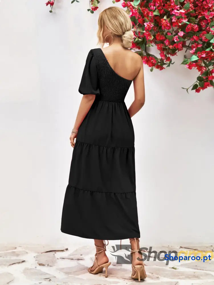 Smocked One-Shoulder Midi Dress
