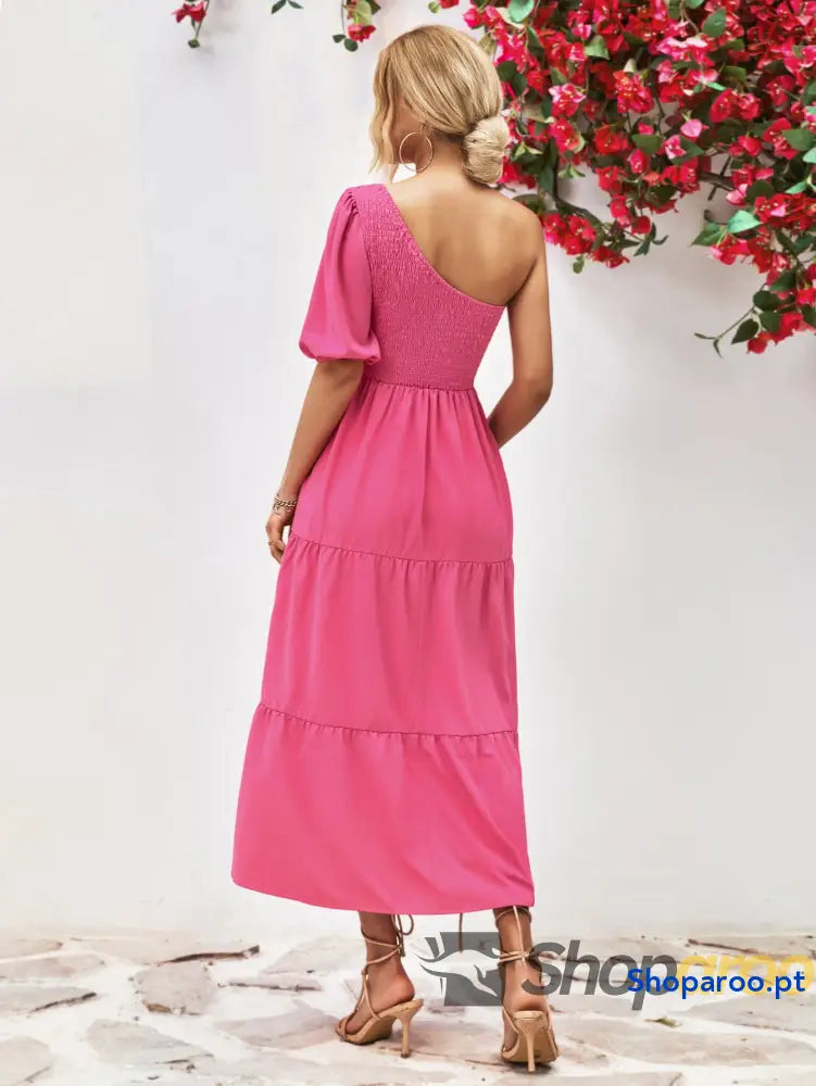 Smocked One-Shoulder Midi Dress