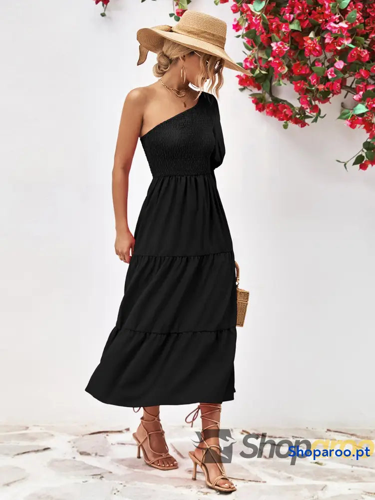Smocked One-Shoulder Midi Dress