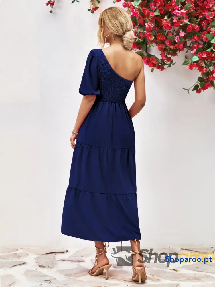 Smocked One-Shoulder Midi Dress