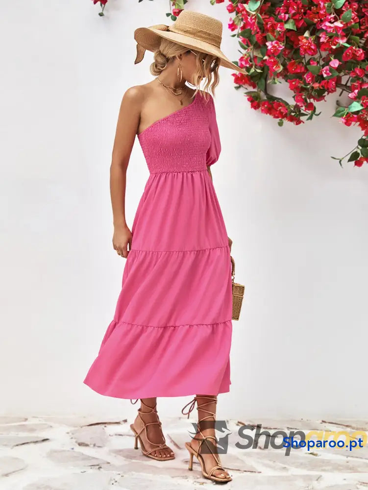 Smocked One-Shoulder Midi Dress