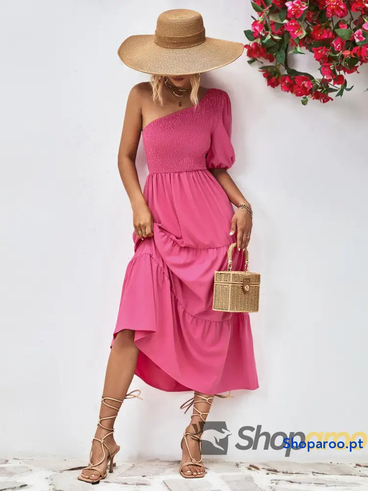 Smocked One-Shoulder Midi Dress