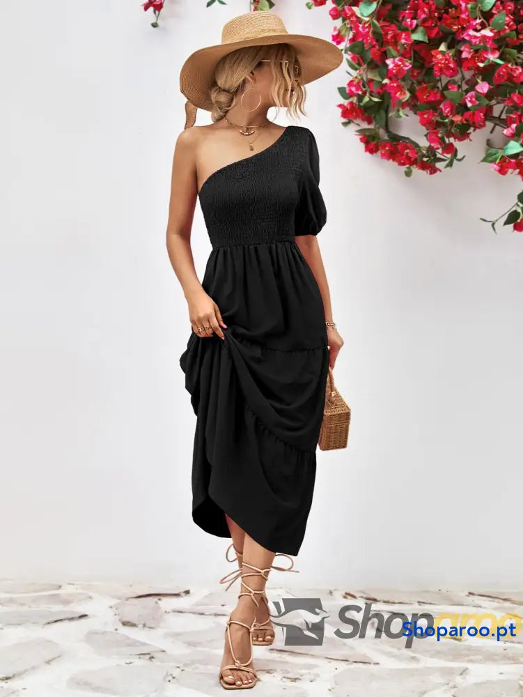 Smocked One-Shoulder Midi Dress