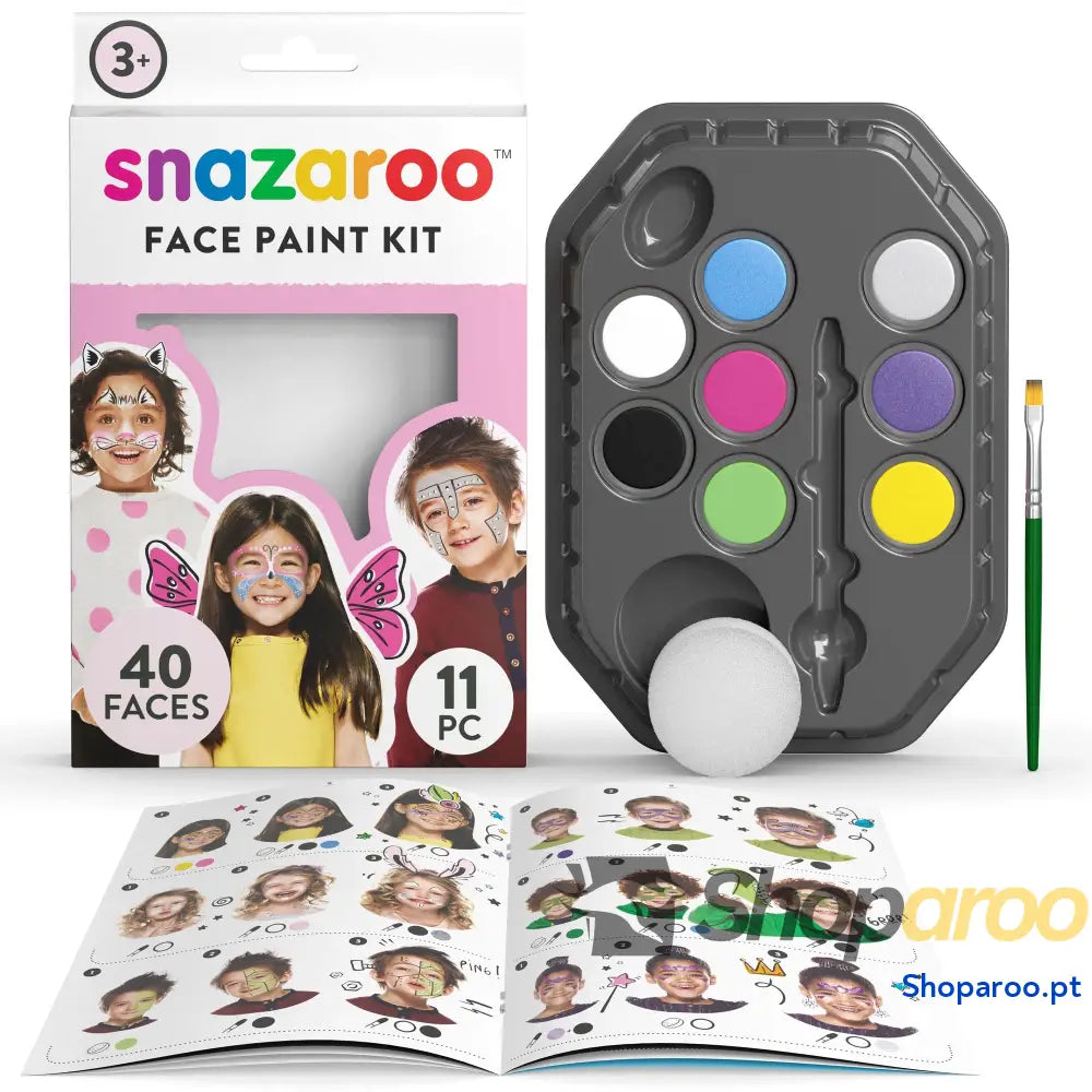 Snazaroo Conjunto de pintura facial ’Arco íris’ para crianças e adultos 8 cores 1 pincel esponja guia base água