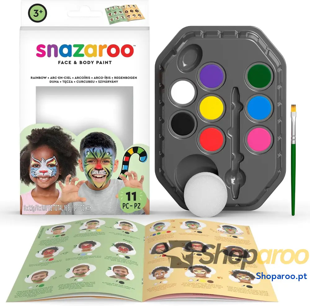 Snazaroo Conjunto de pintura facial ’Arco íris’ para crianças e adultos 8 cores 1 pincel esponja guia base água