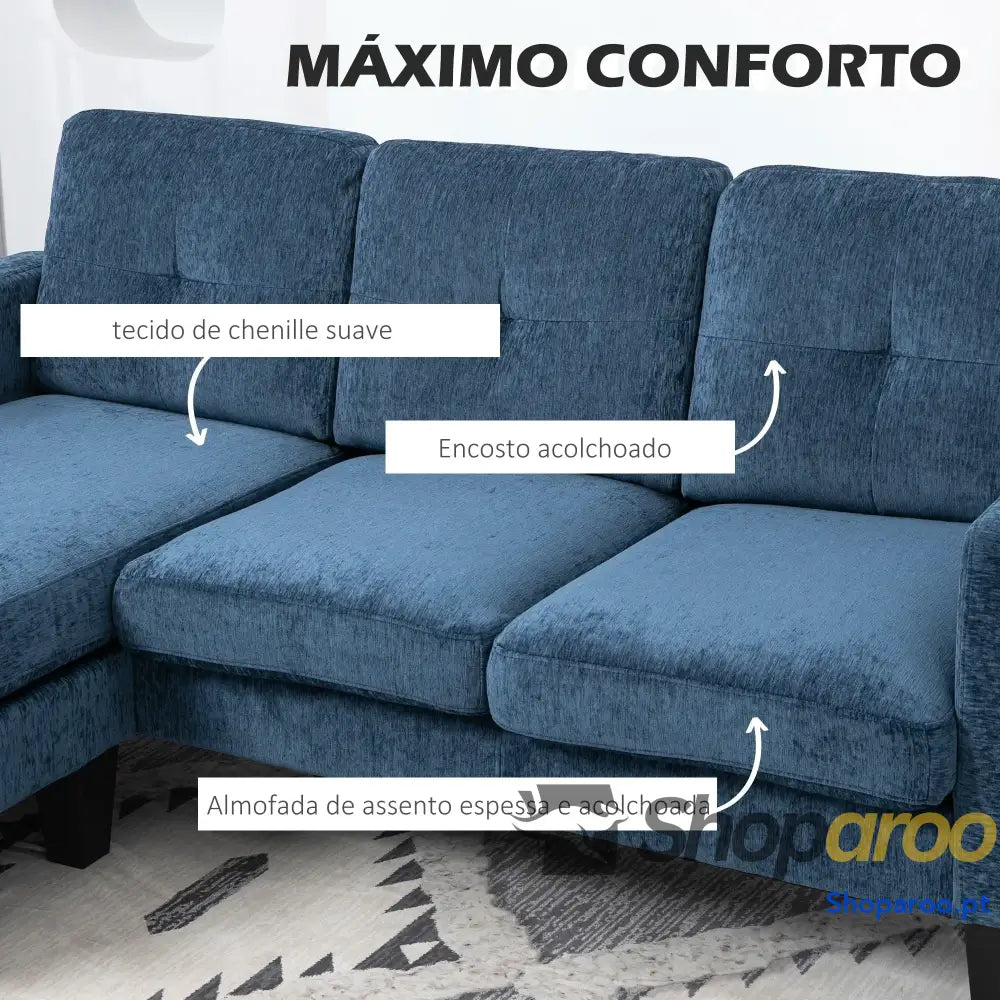 Sofá Chaise Longue em Forma de L Estofado Poliéster Canto Reversível 186x130x84 cm Azul