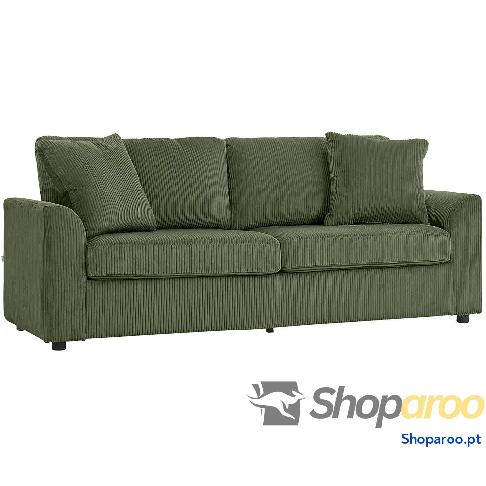 Sofá de 3 Lugares Sala Estar 212x80x88 cm Estofado em Veludo Canelado com 2 Almofadas Desenho Moderno Verde