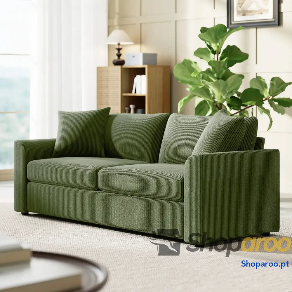 Sofá de 3 Lugares Sala Estar 212x80x88 cm Estofado em Veludo Canelado com 2 Almofadas Desenho Moderno Verde