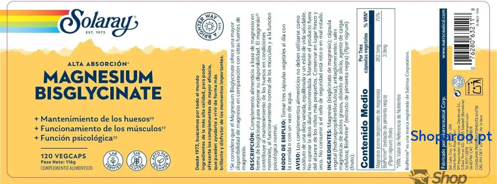 Solaray Magnésio Bisglicinato | Alta absorção | sem glúten | adequado para veganos | 120 cápsulas vegetais