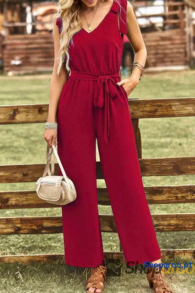Solid Belt V Neck Wide Leg Fit Jumpsuit