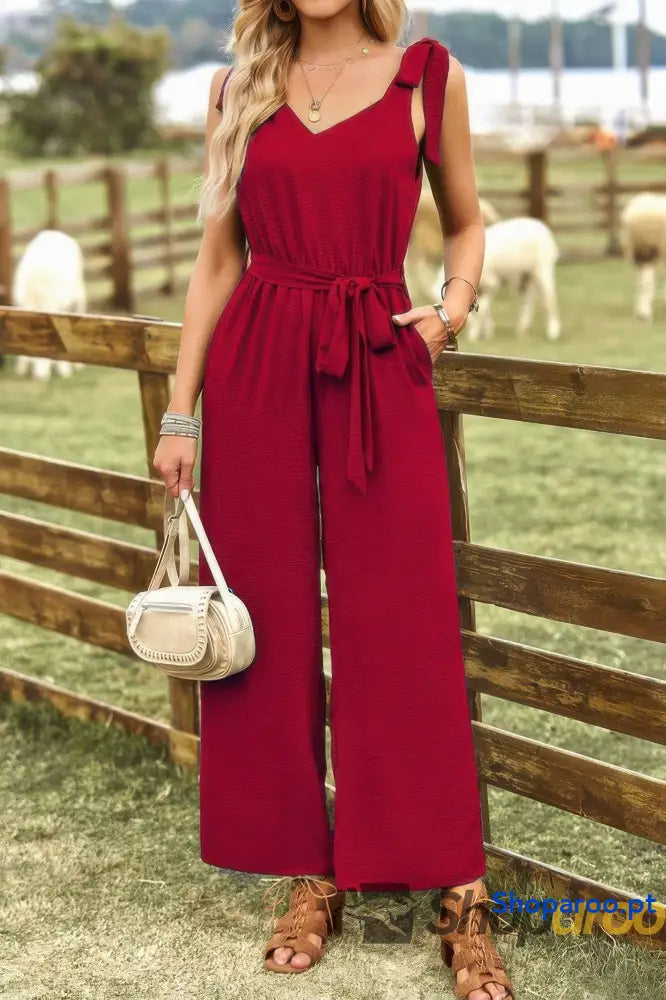Solid Belt V Neck Wide Leg Fit Jumpsuit