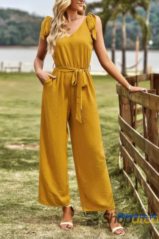 Solid Belt V Neck Wide Leg Fit Jumpsuit