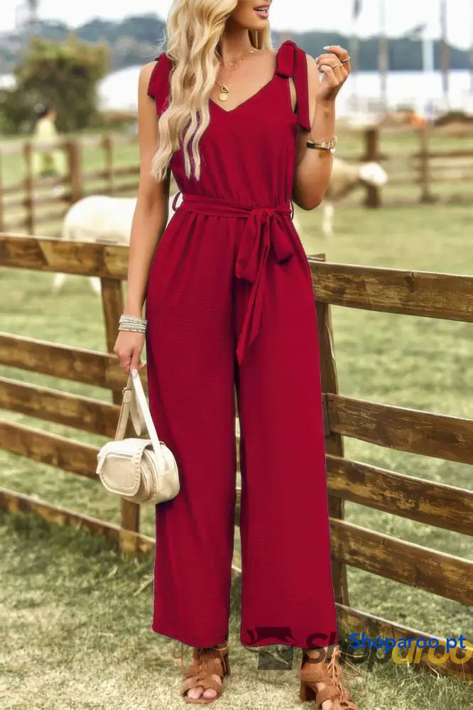 Solid Belt V Neck Wide Leg Fit Jumpsuit
