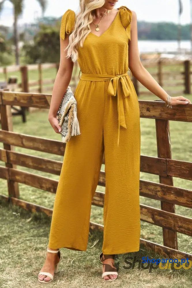 Solid Belt V Neck Wide Leg Fit Jumpsuit