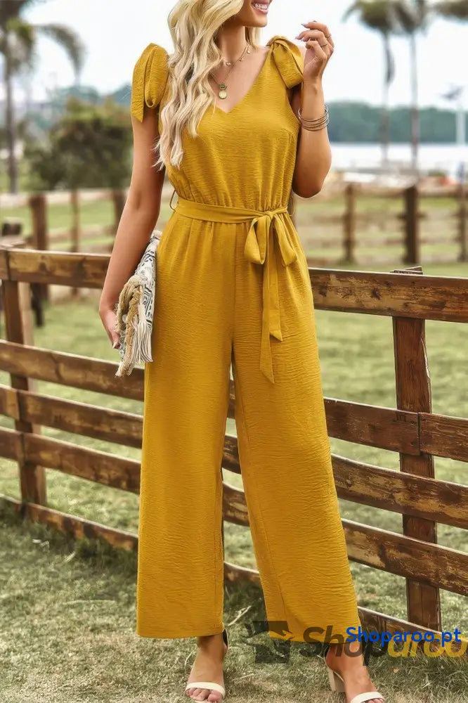 Solid Belt V Neck Wide Leg Fit Jumpsuit