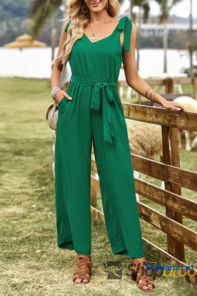 Solid Belt V Neck Wide Leg Fit Jumpsuit