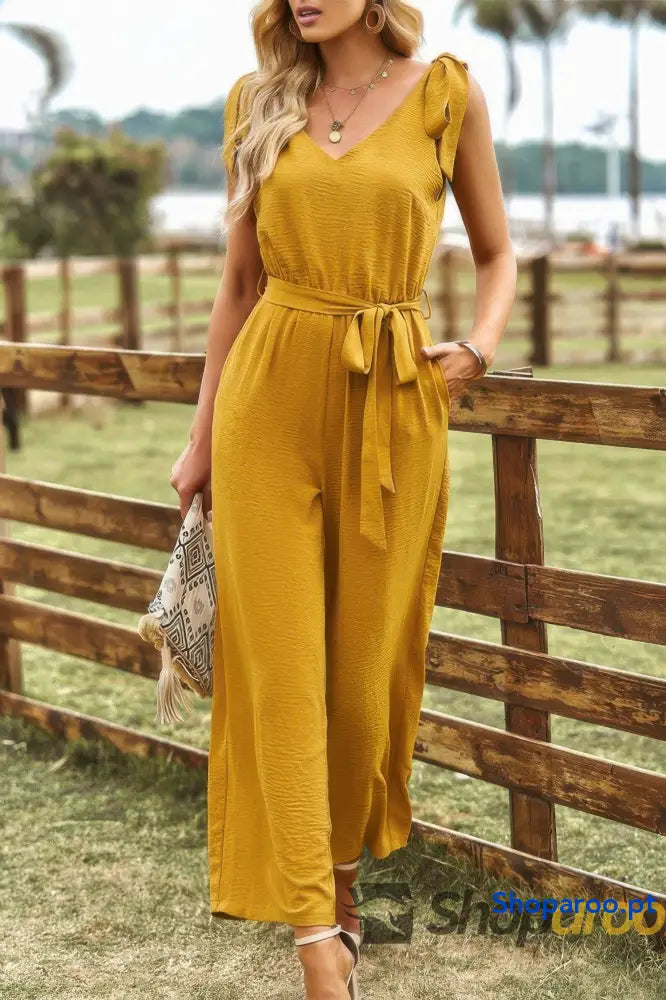 Solid Belt V Neck Wide Leg Fit Jumpsuit