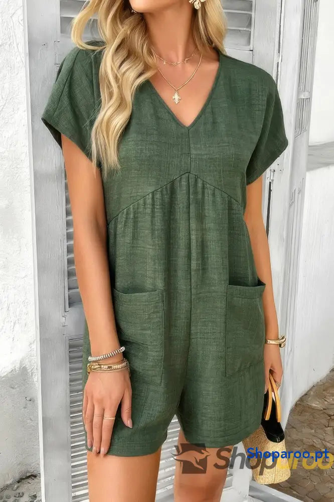 Solid Deep V Neck Drop Shoulder Loose Pockets Romper