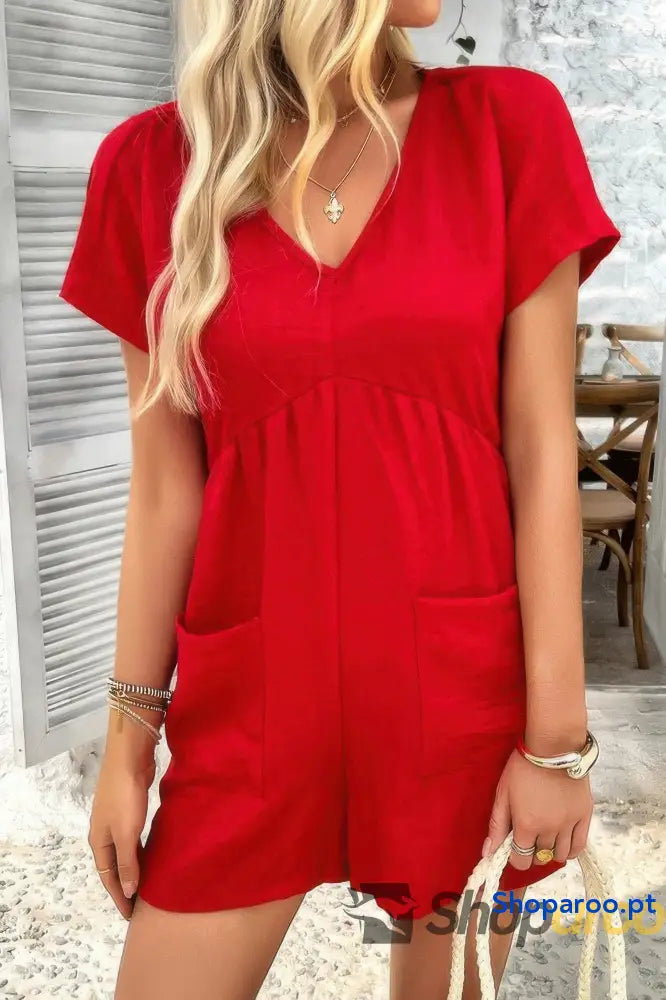 Solid Deep V Neck Drop Shoulder Loose Pockets Romper