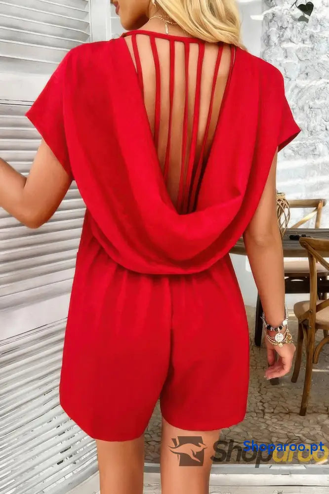 Solid Deep V Neck Drop Shoulder Loose Pockets Romper