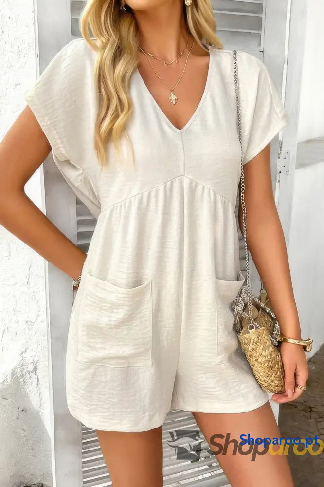 Solid Deep V Neck Drop Shoulder Loose Pockets Romper