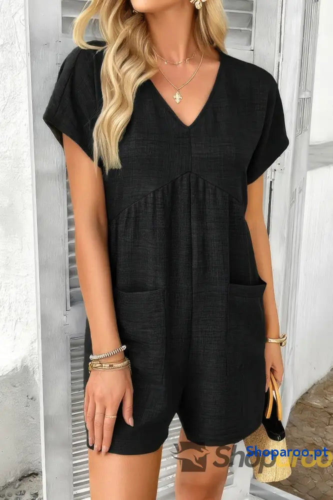 Solid Deep V Neck Drop Shoulder Loose Pockets Romper