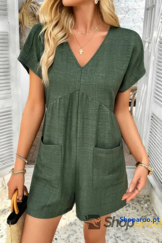 Solid Deep V Neck Drop Shoulder Loose Pockets Romper