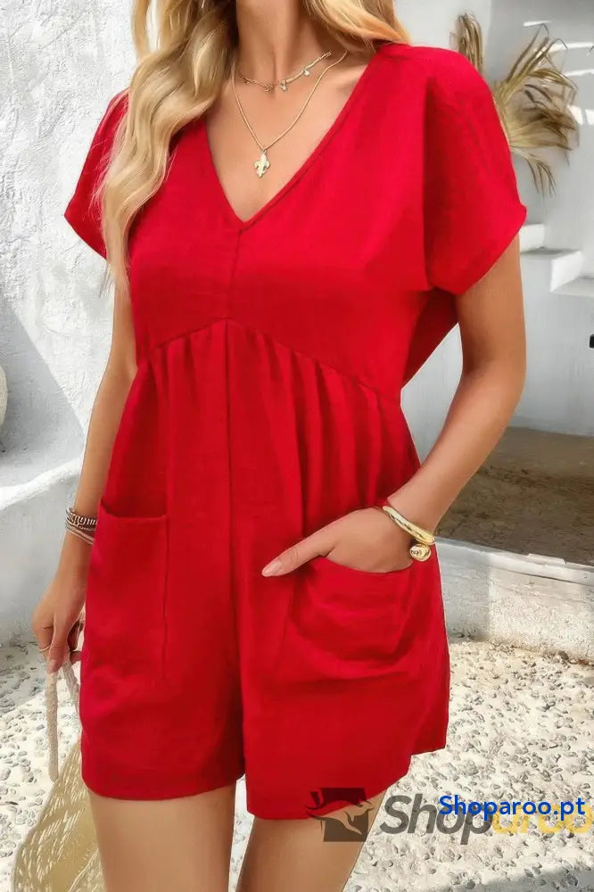 Solid Deep V Neck Drop Shoulder Loose Pockets Romper