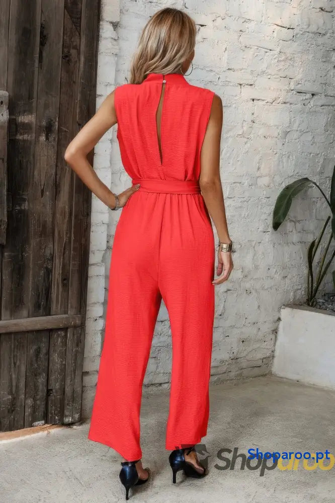 Solid Sleeveless Cut Out Back Belted Jumpsuit
