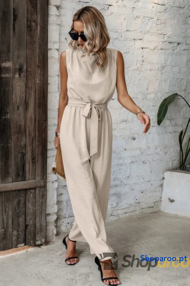 Solid Sleeveless Cut Out Back Belted Jumpsuit