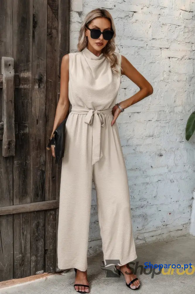 Solid Sleeveless Cut Out Back Belted Jumpsuit