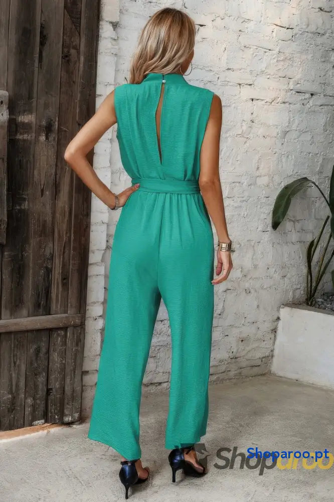 Solid Sleeveless Cut Out Back Belted Jumpsuit