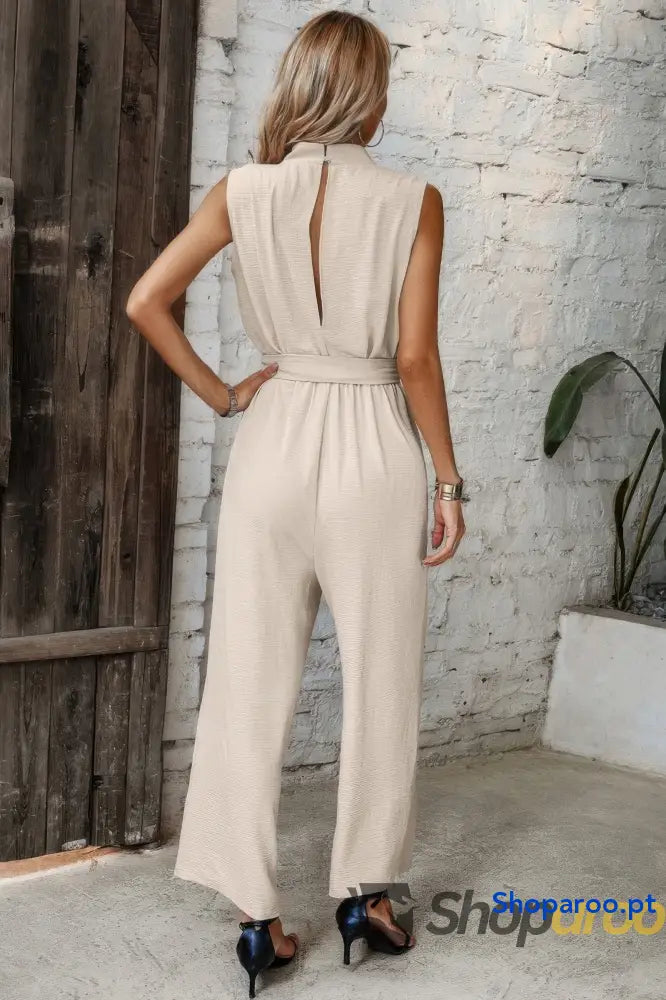 Solid Sleeveless Cut Out Back Belted Jumpsuit