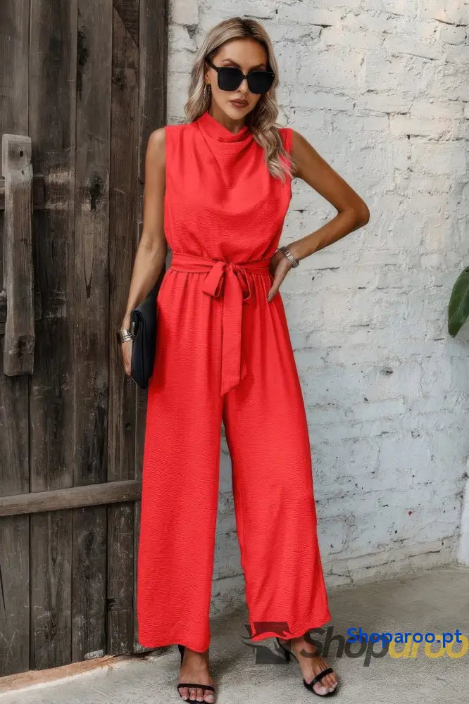 Solid Sleeveless Cut Out Back Belted Jumpsuit