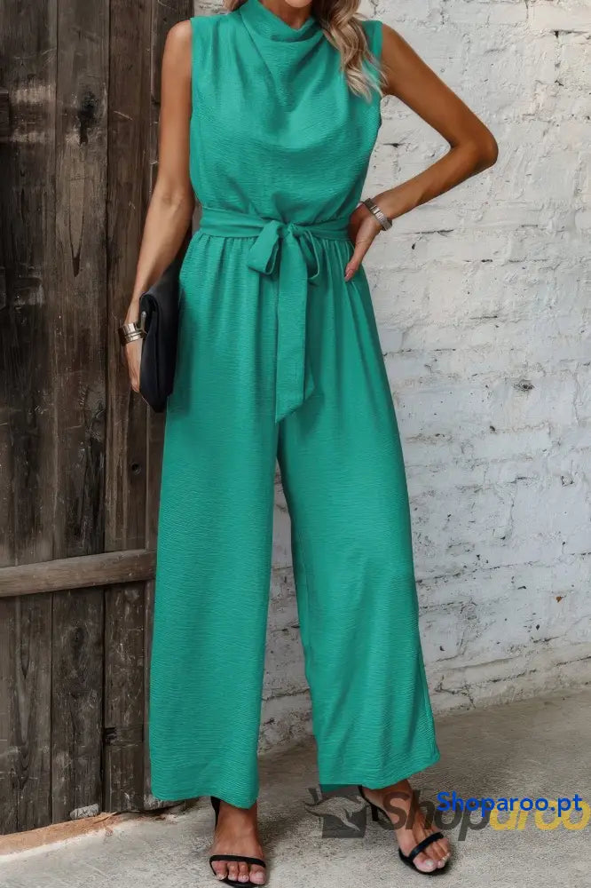 Solid Sleeveless Cut Out Back Belted Jumpsuit