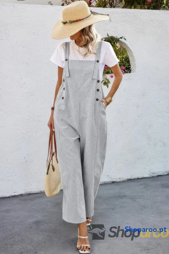 Solid Square Neck Button Trim Pockets Jumpsuit