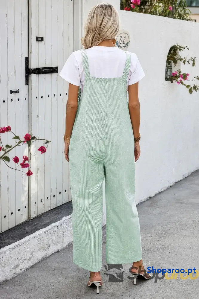Solid Square Neck Button Trim Pockets Jumpsuit