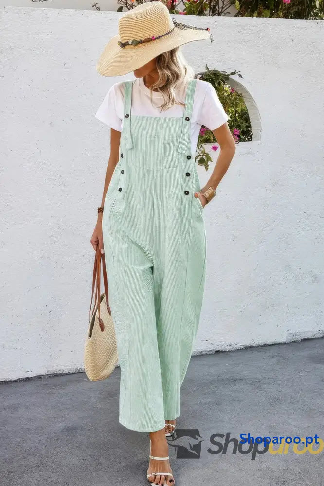 Solid Square Neck Button Trim Pockets Jumpsuit
