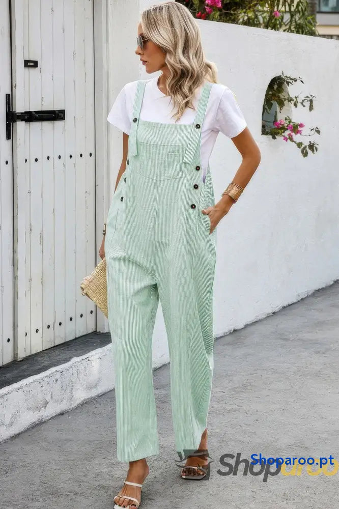 Solid Square Neck Button Trim Pockets Jumpsuit