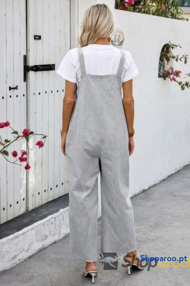 Solid Square Neck Button Trim Pockets Jumpsuit