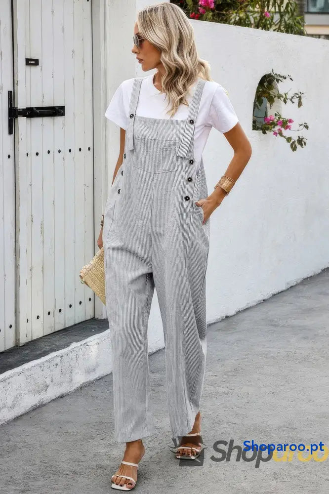 Solid Square Neck Button Trim Pockets Jumpsuit