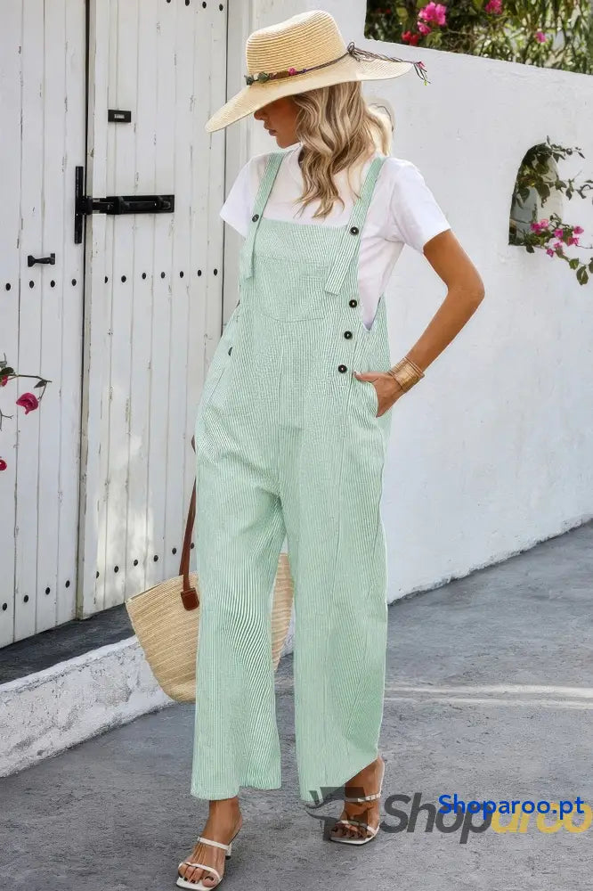 Solid Square Neck Button Trim Pockets Jumpsuit