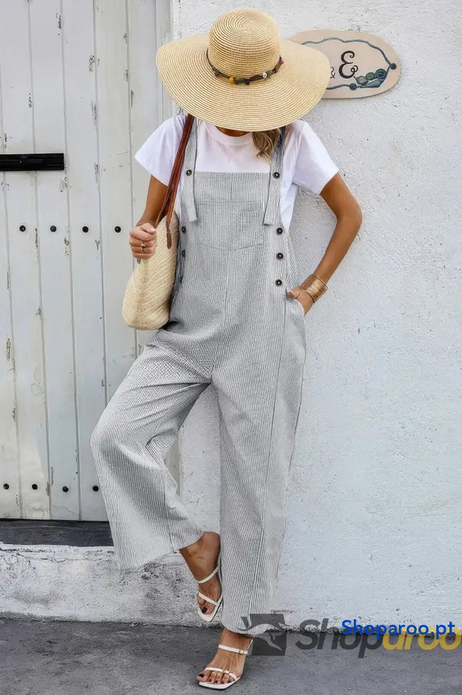 Solid Square Neck Button Trim Pockets Jumpsuit