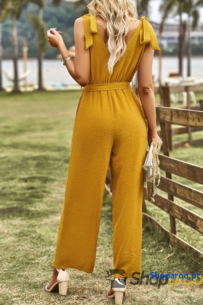 Solid V Neck Knot Shoulder Sleeveless Ruched Belt