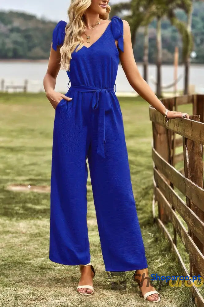 Solid V Neck Knot Shoulder Sleeveless Ruched Belt