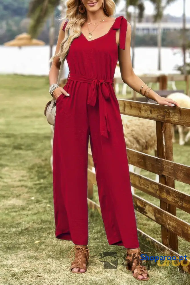 Solid V Neck Knot Shoulder Sleeveless Ruched Belt