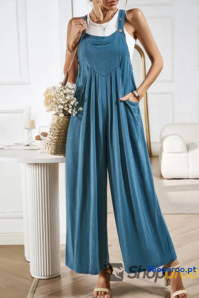 Solid Wide Leg Pocketed Shoulder Tie Overalls