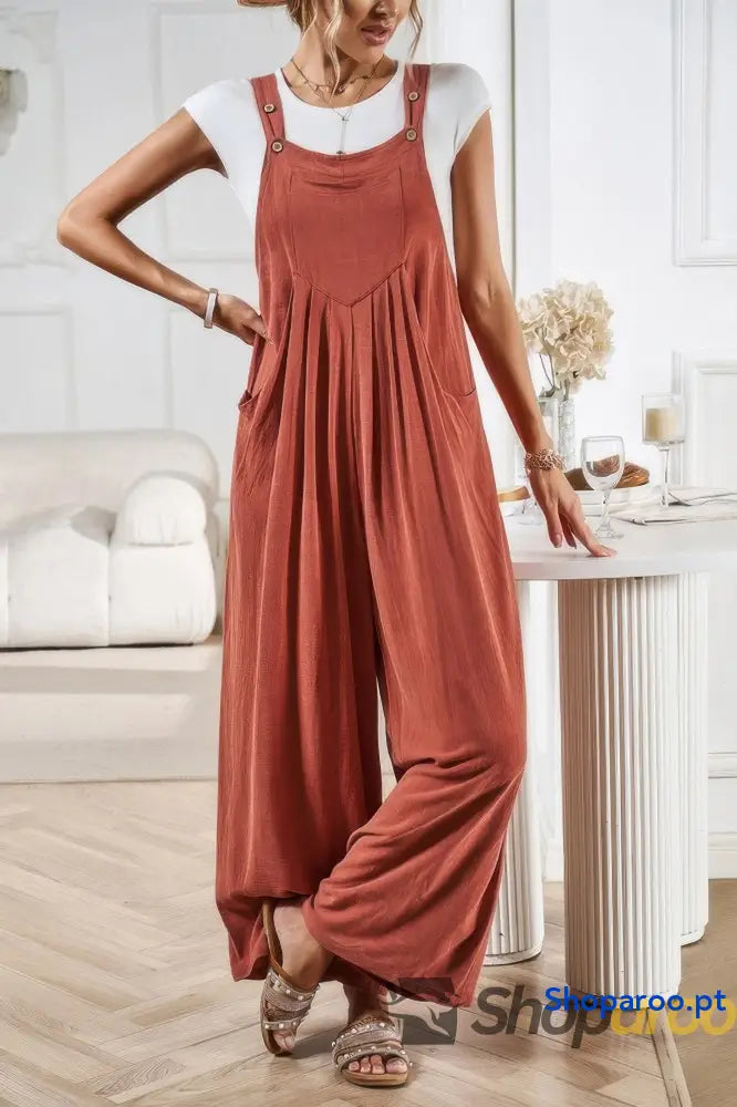 Solid Wide Leg Pocketed Shoulder Tie Overalls