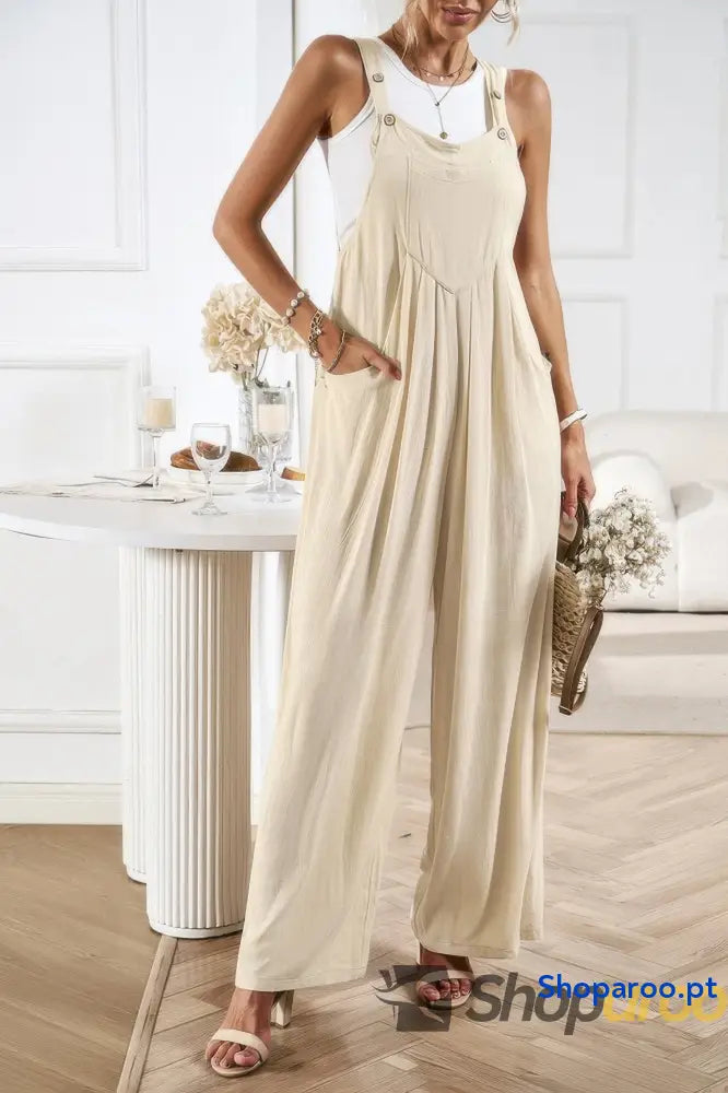 Solid Wide Leg Pocketed Shoulder Tie Overalls