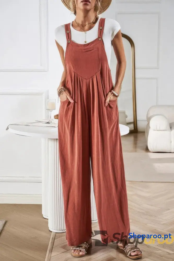 Solid Wide Leg Pocketed Shoulder Tie Overalls